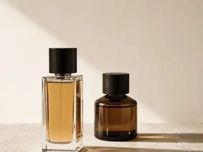 Dois frascos de perfume lado a lado sob luz dura, um transparente e um âmbar