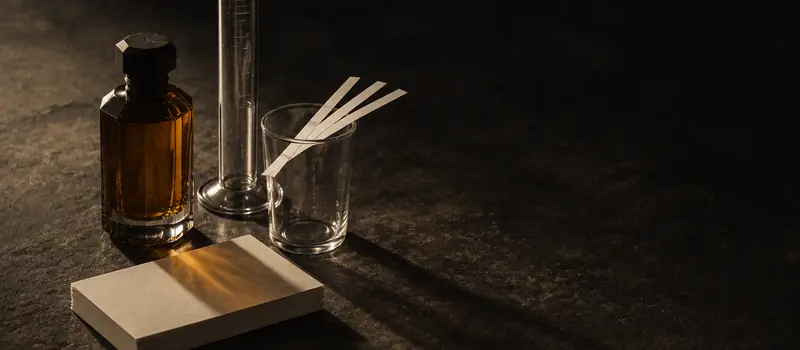 Bancada de perfumista com frasco âmbar, proveta e fitas de teste