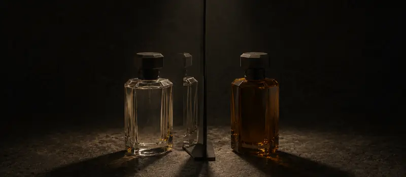 Dois frascos de perfume frente a frente, separados por um espelho, sob luz dura