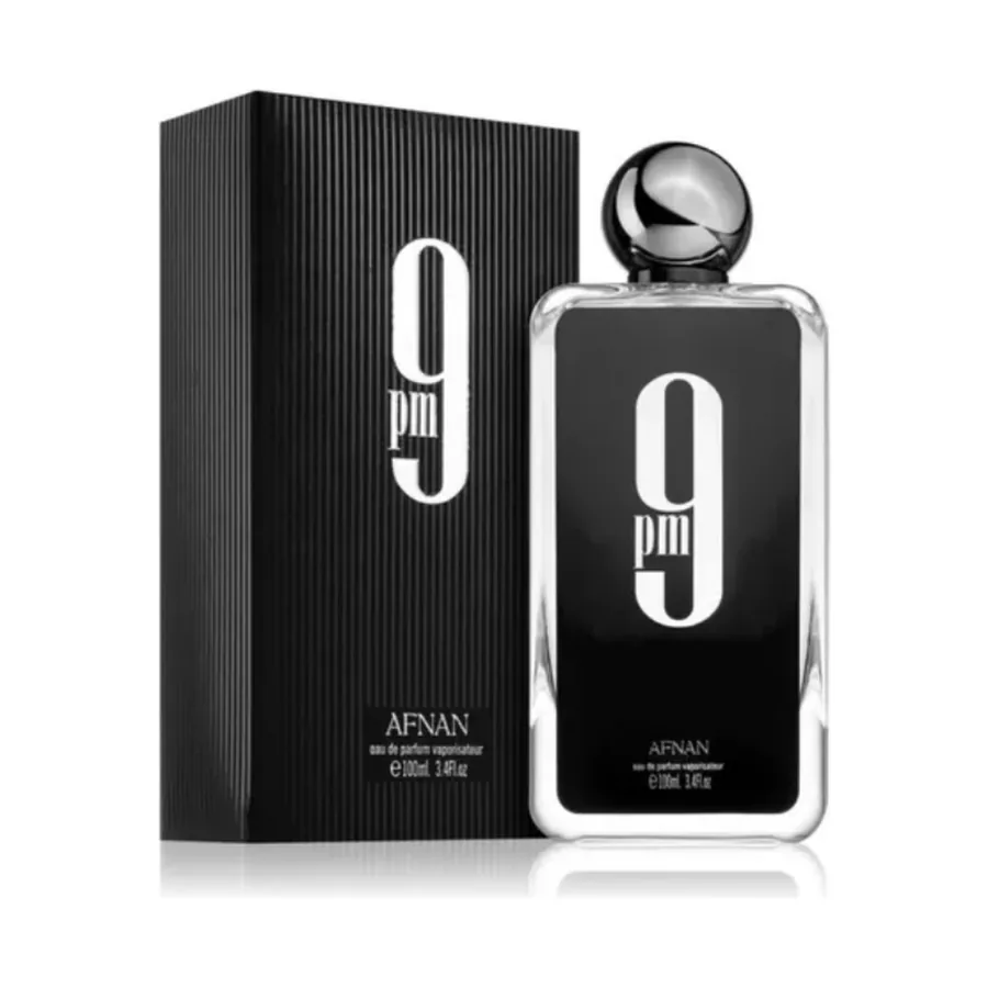 Afnan 9PM Eau de Parfum 100 ml — frasco e caixa, fundo branco