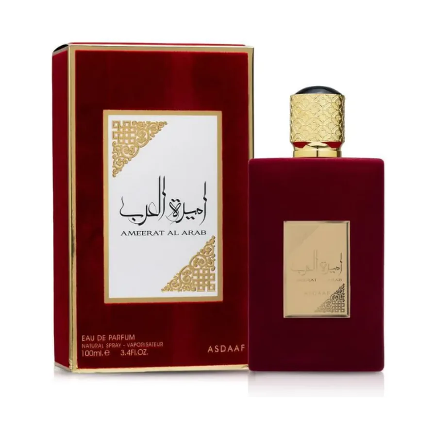 Asdaaf Ameerat Al Arab Eau de Parfum 100 ml — frasco e caixa, fundo branco