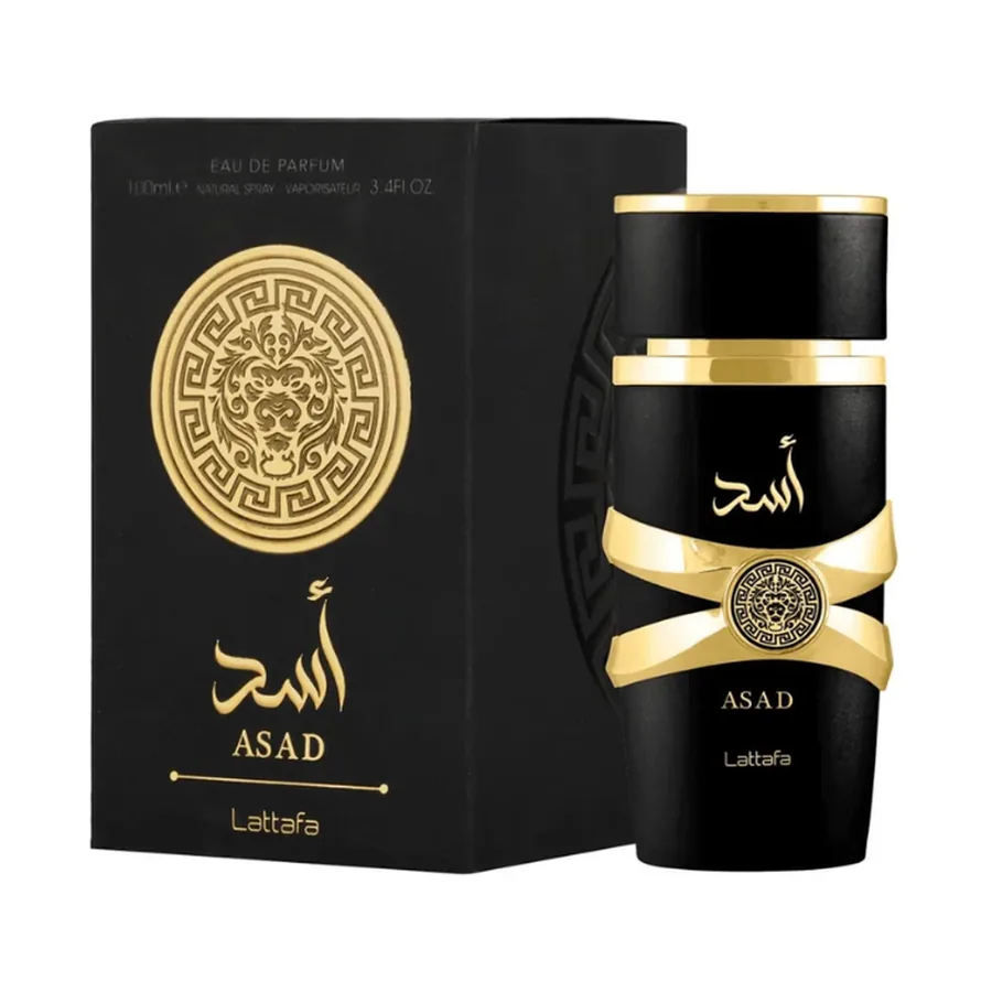 Lattafa Asad Eau de Parfum 100 ml — frasco e caixa, fundo branco