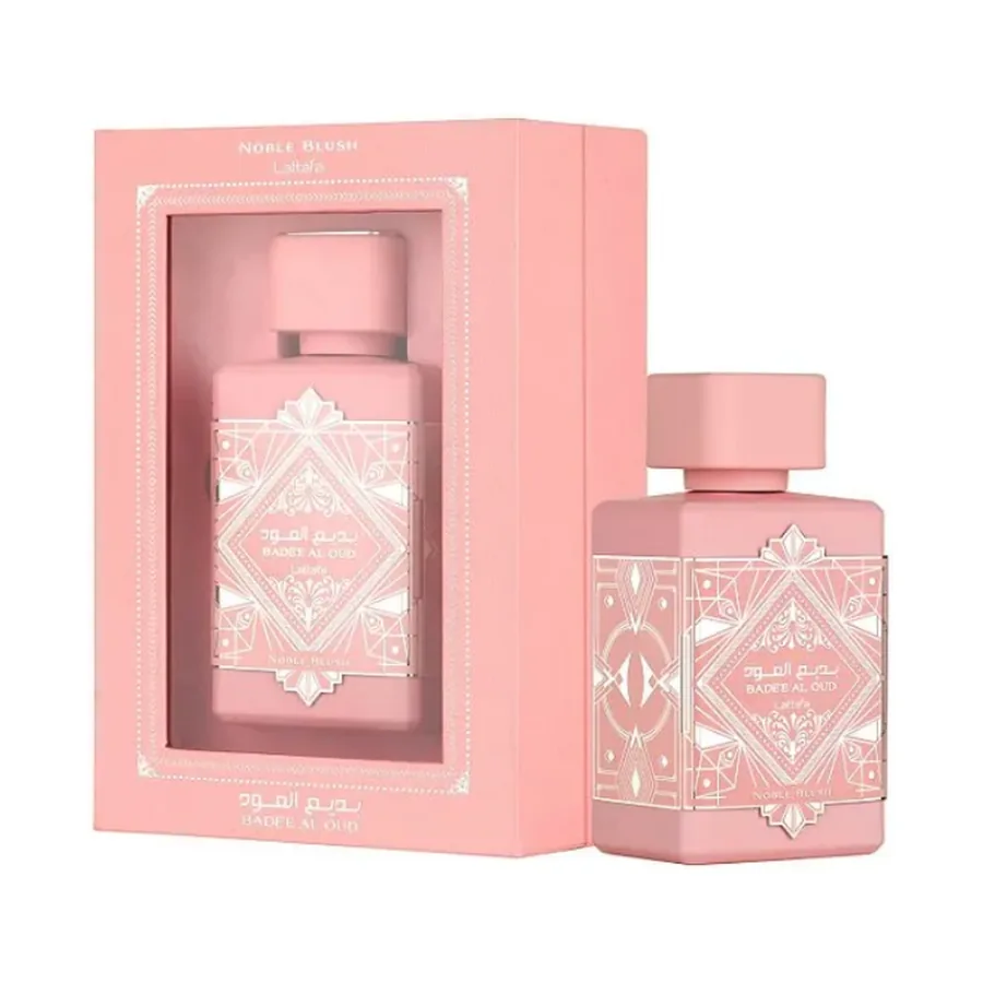 Lattafa Badee Al Oud Noble Blush Eau de Parfum 100 ml — frasco e caixa, fundo branco