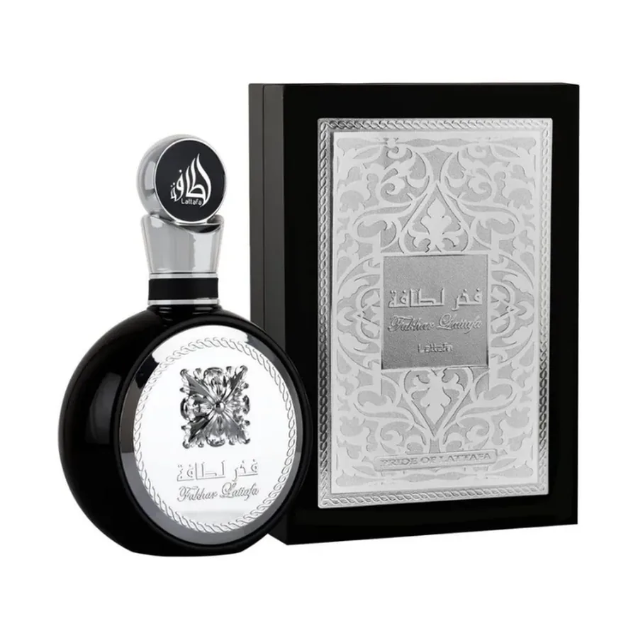Lattafa Fakhar Black Eau de Parfum 100 ml — frasco e caixa, fundo branco