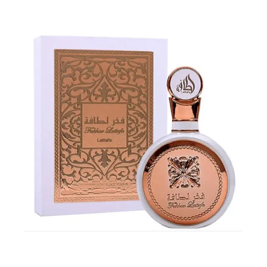 Lattafa Fakhar Rose Eau de Parfum 100 ml — frasco e caixa, fundo branco
