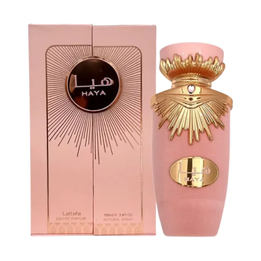 Lattafa Haya Eau de Parfum 100 ml — frasco e caixa, fundo branco