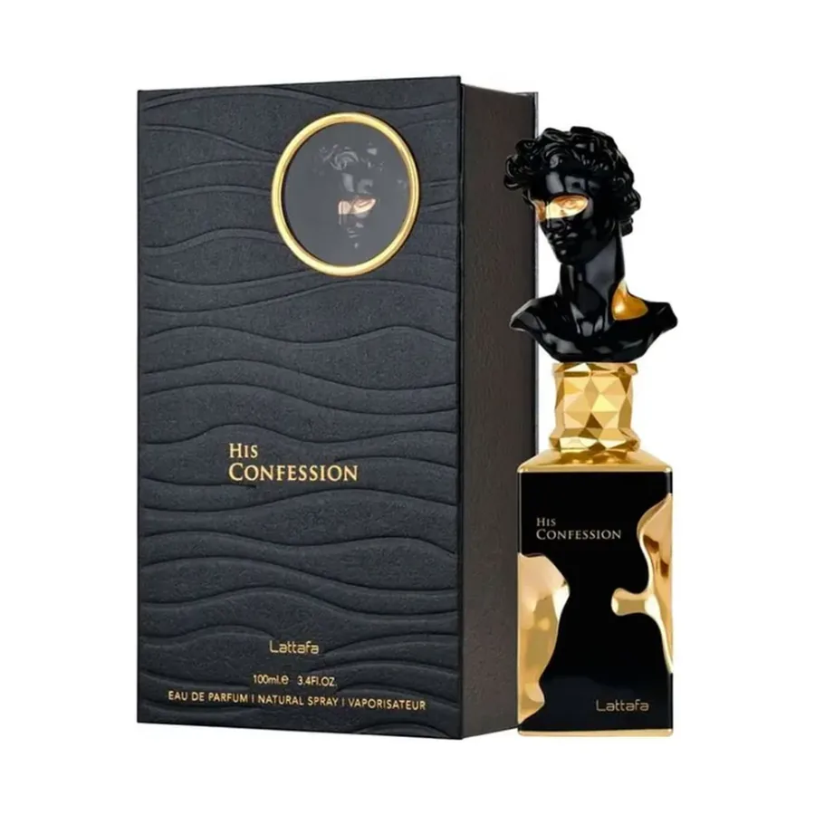 Lattafa His Confession Eau de Parfum 100 ml — frasco e caixa, fundo branco